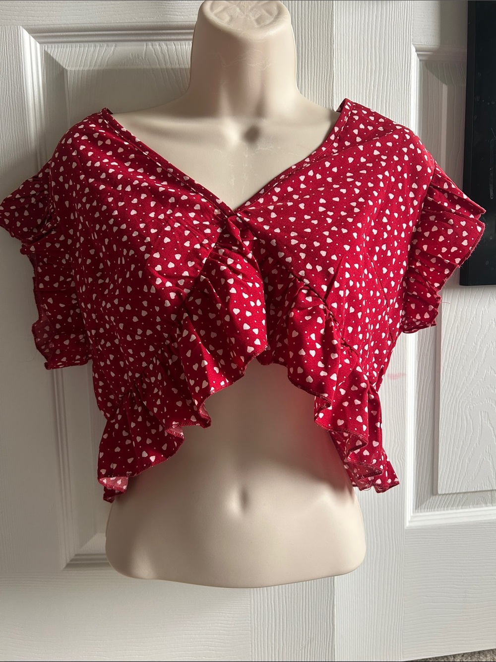 ❤️SHEIN Red Crop Top with White Heart Print and Ruffle Trim❤️